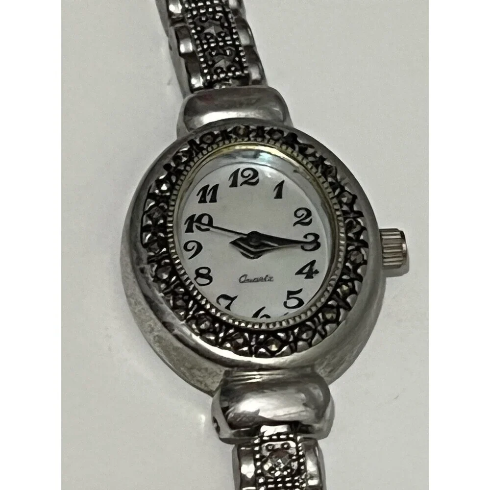 Vintage Stainless Steel Quartz Stud Watch Black Gunmetal‎ mother of Pearl